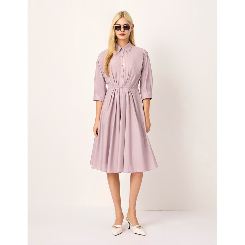 Dusty Pink Long-Sleeve Pleated Midi Shirt Dress