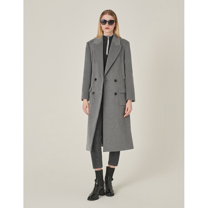 Gray Double-Breasted Lapel Long Coat