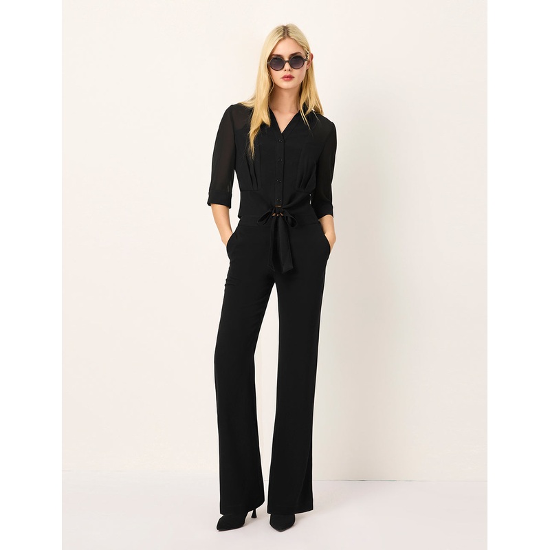 Lapel Mid-Sleeve Belted Cropped Top