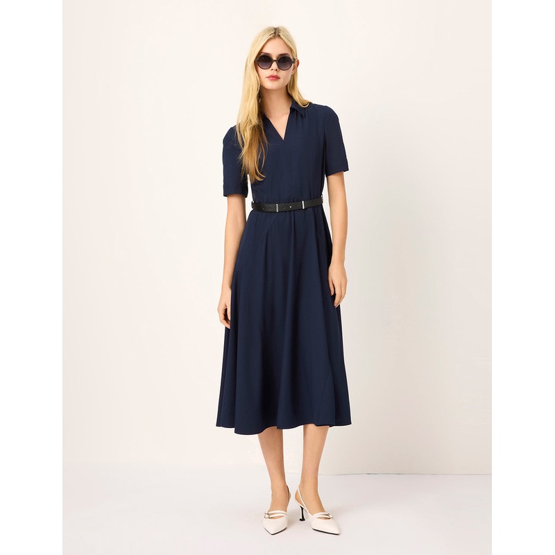 Lapel Short-Sleeve Empire-Waist Pleated Dress