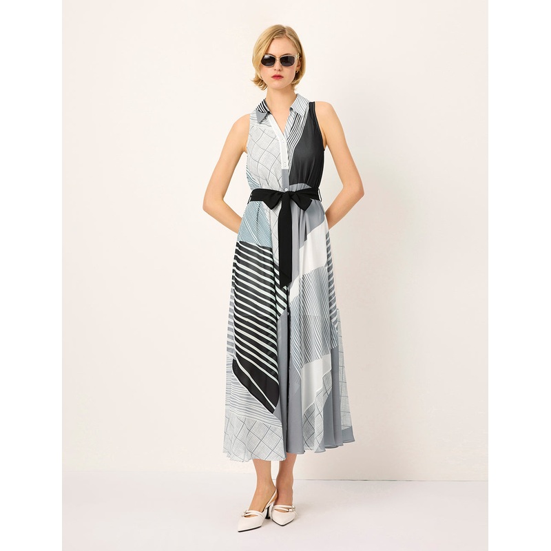 Lapel sleeveless striped Print Midi Dress