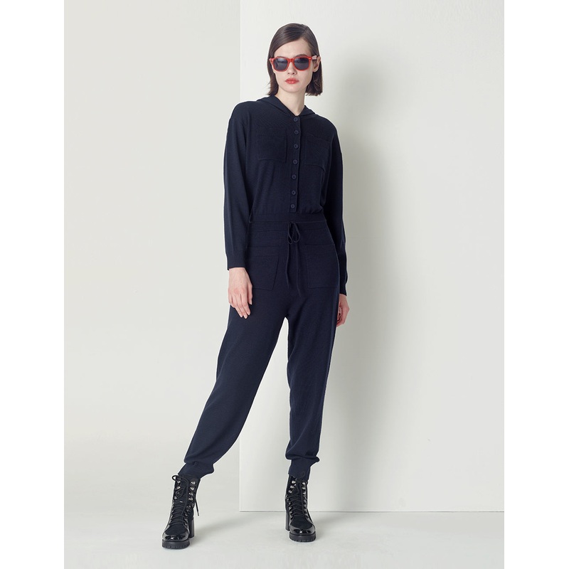 Midnight blue hooded wool knitted jumpsuit