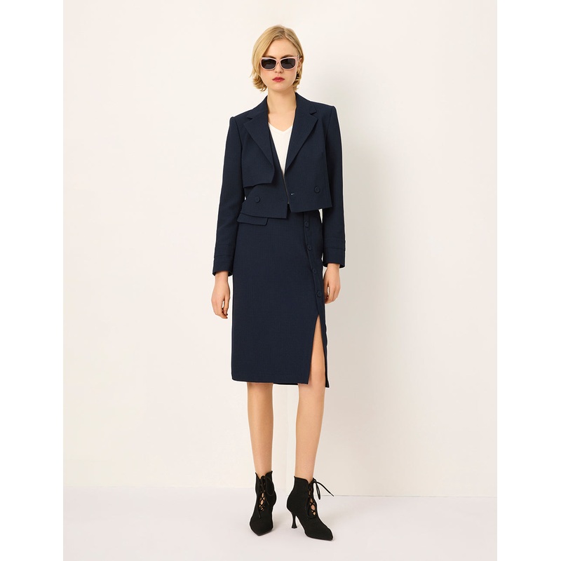 Notched Lapel Long-Sleeve Double-Breasted Cropped Blazer