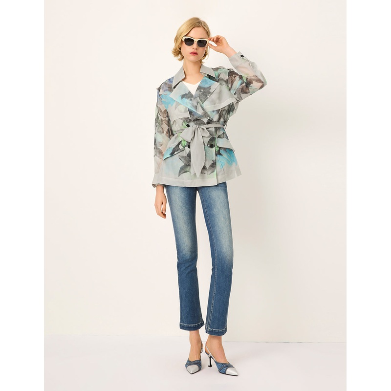 Peaked Lapel Collar Oil Painting Tie-Waist Mid-Length Windbreaker