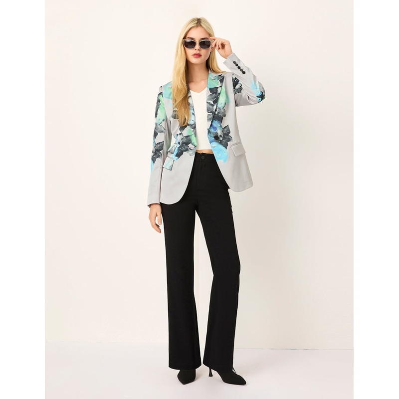 Peaked Lapel Oil Painting Print Single-Button Long-Sleeve Blazer