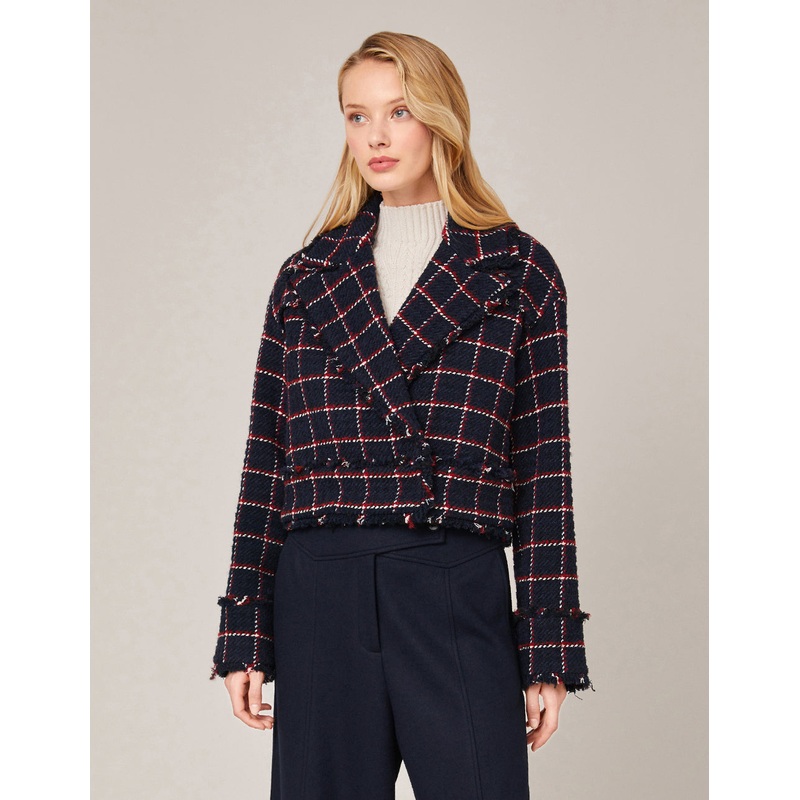 PLAID TWEED FRINGE CUFF CROP JACKET