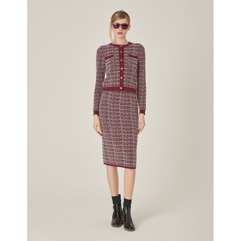 Red & Black Plaid Imitation Tweed Knitted Cropped Cardigan