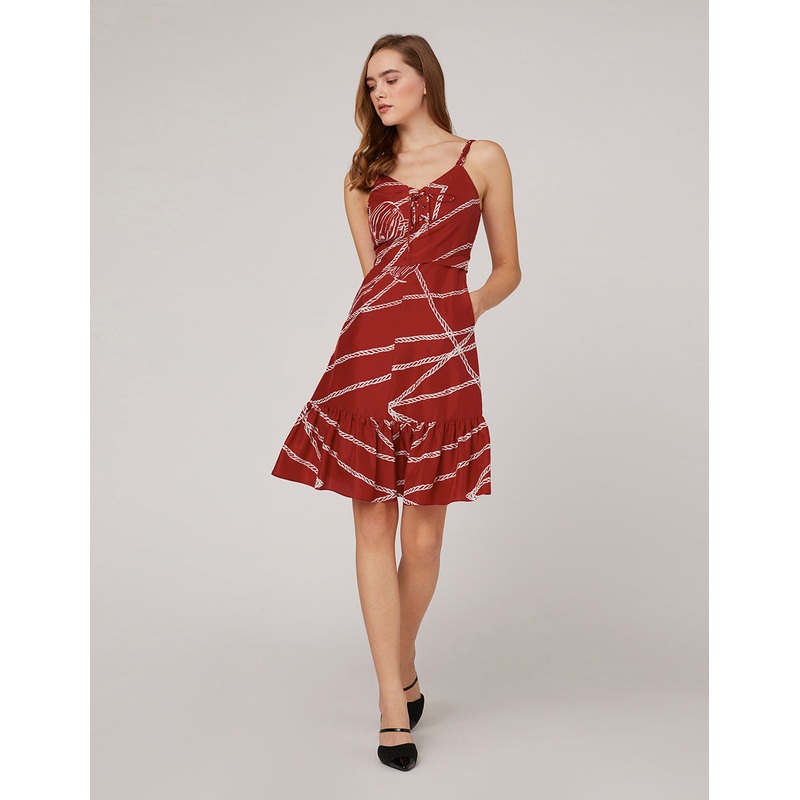 Red white rope print woven belt dress