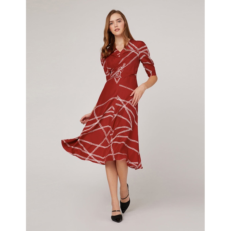 Red white v-neck rope print dress