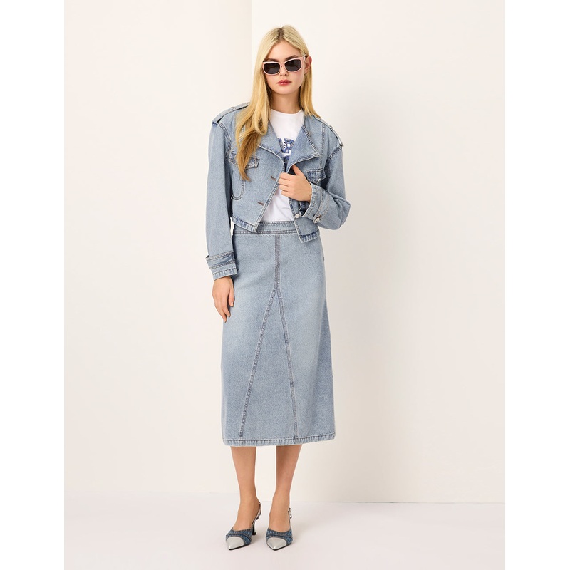 Round-Neck Diagonal-Breasted Washed Denim Biker Jacket