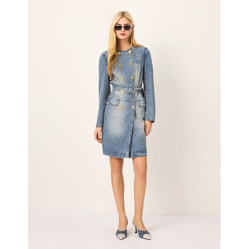 Round Neck Long-Sleeve Double-Breasted Tie-Front Denim Dress