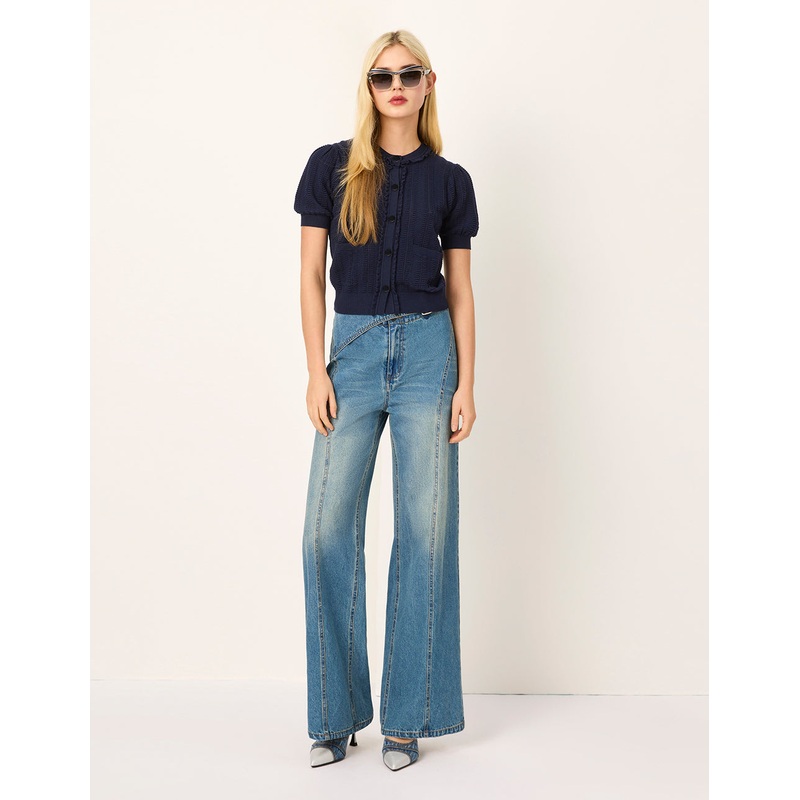 Round-Neck Ruffle Short-Sleeve Textured Knit Cardigan