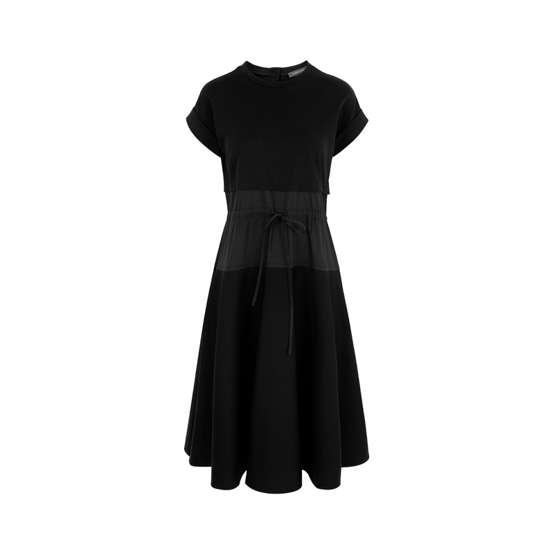 Round-Neck Short-Sleeves Drawstring Gathered Waist Pleated Midi Dress