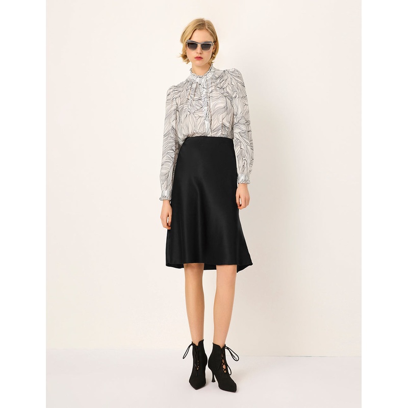 Ruffled Stand Collar Black Stripe Printed Long-Sleeve Silk Blouse