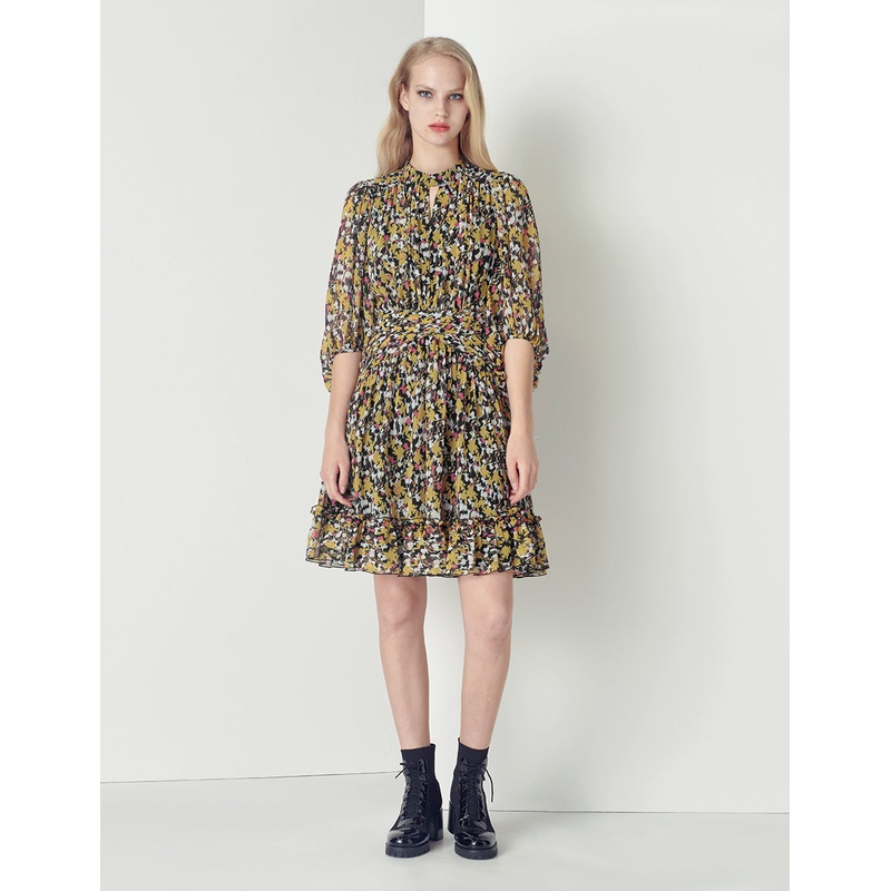 SEMI-TURTLENECK PUFFED SLEEVES PRINT DRESS