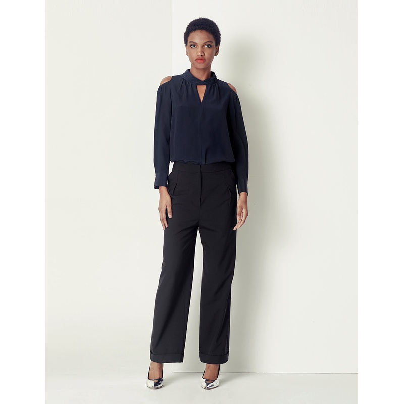 SILK COLD SHOULDER SEMI-TURTLENECK TOP