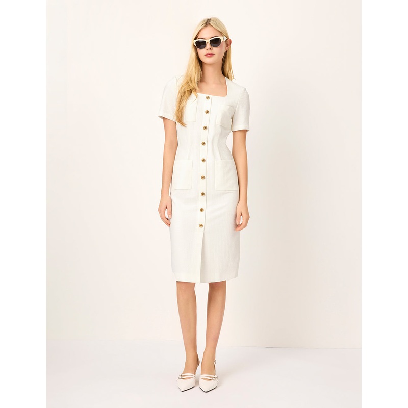 Square Neck Short Sleeve Straight Midi Dress