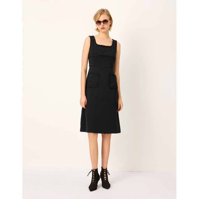 Square Neck Sleeveless Tweed-Trim Midi Shift Dress