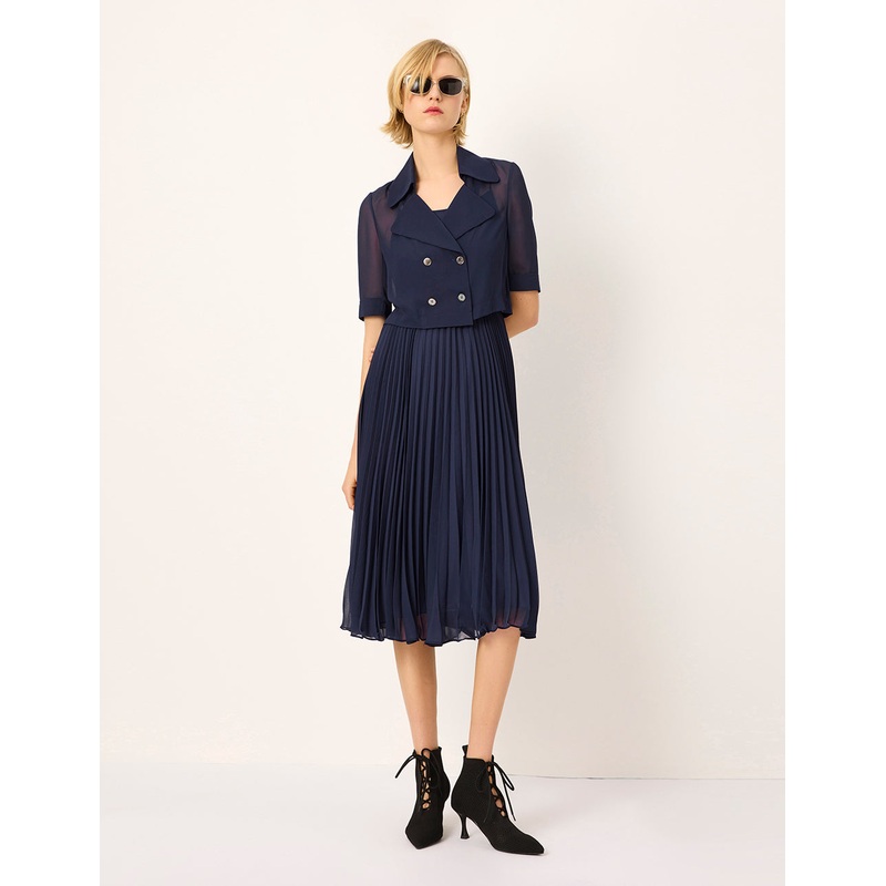 Structured Collar Double-breasted Trench-Inspired Faux Two-Piece Pleated Midi Dress