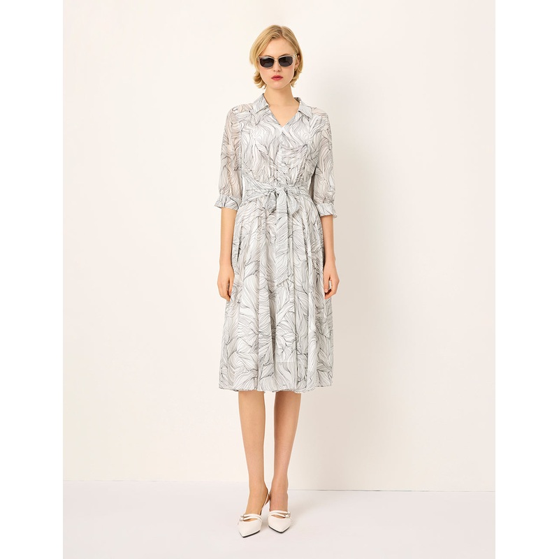 Tie-up Lapel Black Stripe Printed Pleated Midi Dress