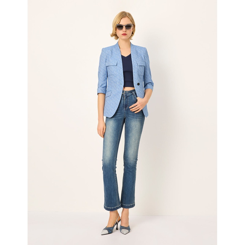 V-Neck 3/4 Sleeve Logo-Letters Jacquard Blazer