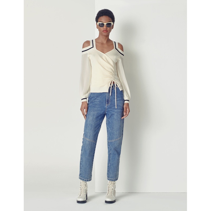 V-Neck Contrast Stripe Knitted Spliced Georgette Top