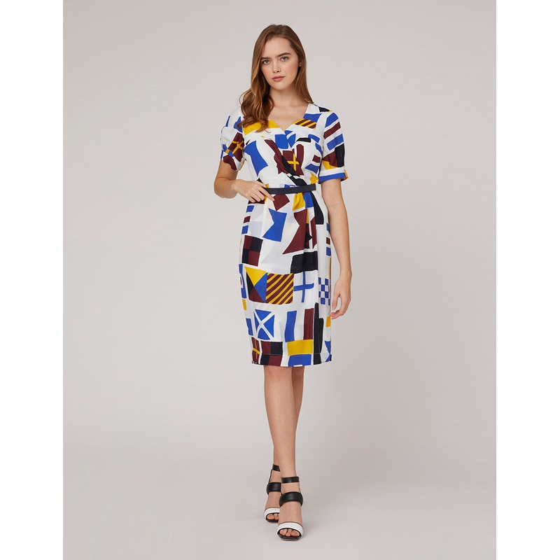 V-neck crisscross pleated color block silk dress