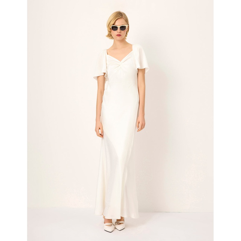 V-Neck Flared Short-Sleeves Gathered Backless Satin White Evening Gown Dress