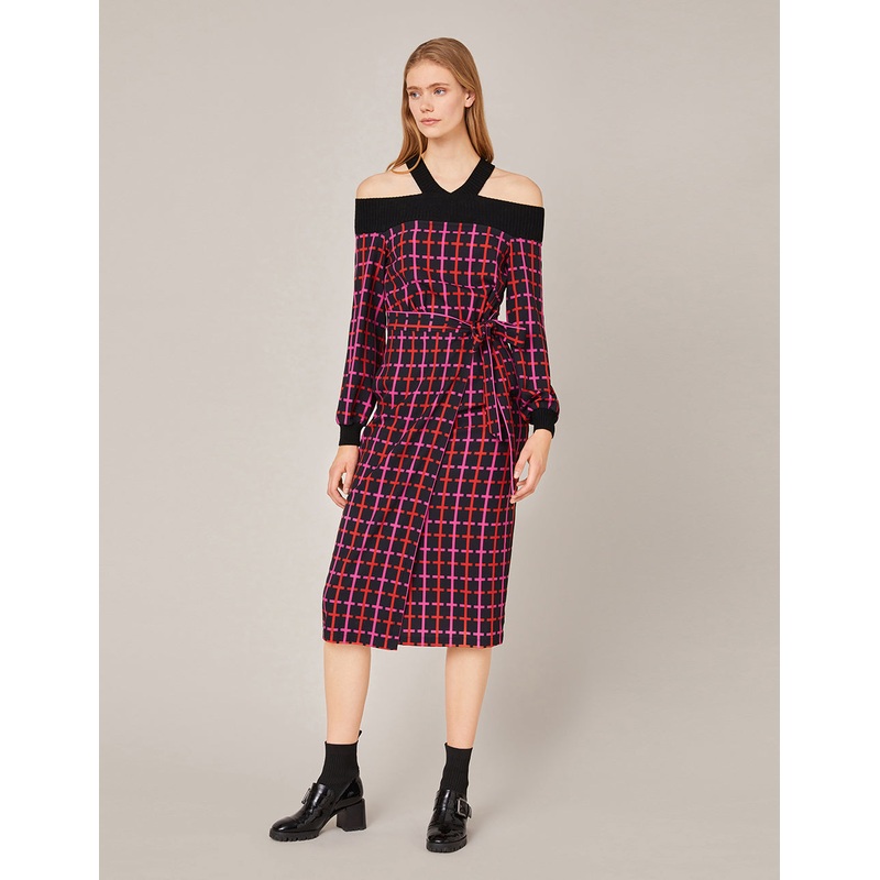 V-NECK KNIT SPLICED CHECKED DRESS