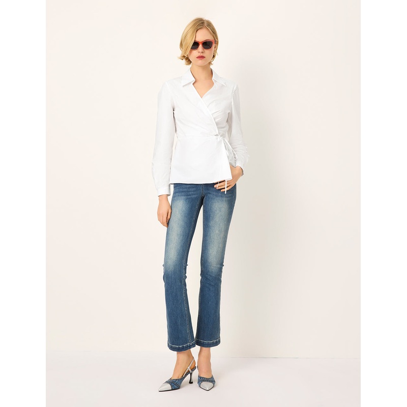 V-Neck Long-Sleeve Asymmetric-Waist Wrap Blouse