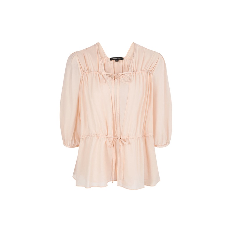 V-Neck Puff Long-Sleeve Lyocell Pinched Top