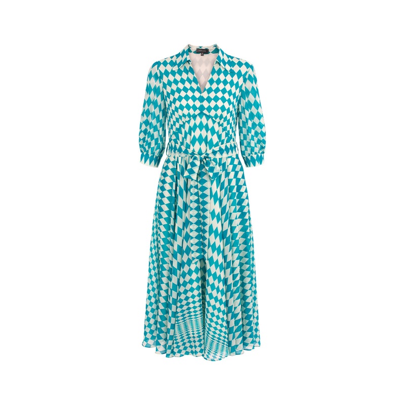 V-Neck Puff-Sleeve Front-Tie Print Pleated Midi Dress