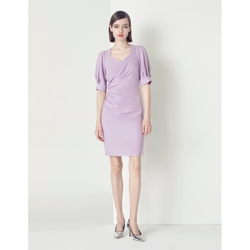 V-NECK PUFFED SLEEVES GATHERED DRESS