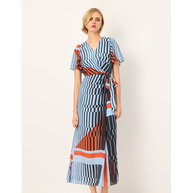 V-Neck Short-Sleeve Wrap Empire-Waist Print Tie Silk Midi Dress