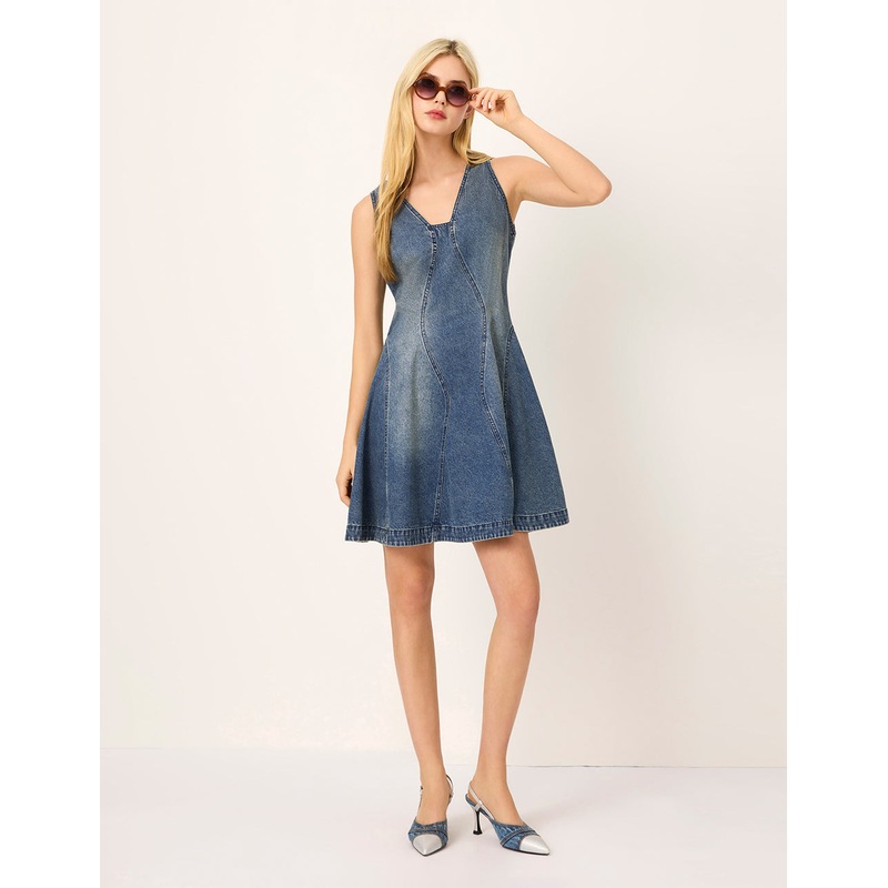 V-Neck Sleeveless A-Line Denim Midi Dress