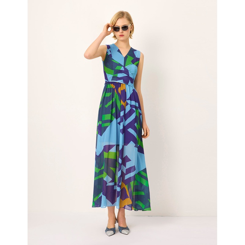 V-Neck Sleeveless Blue Green Patchwork Floral Pleated Midi Dress