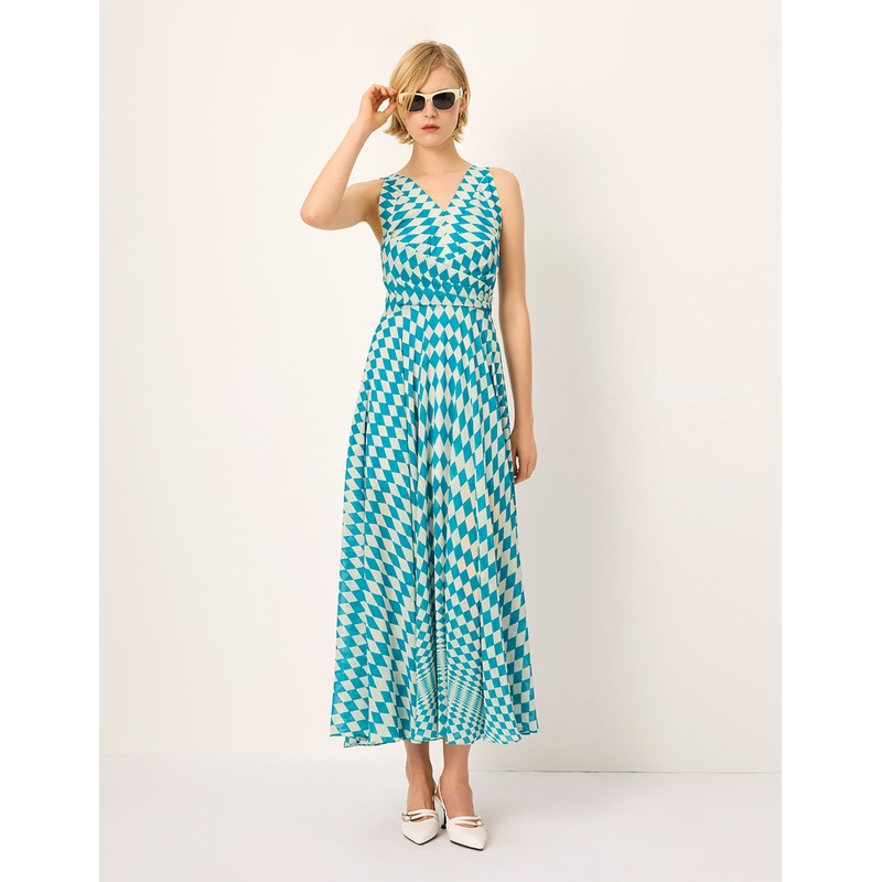 V-Neck Sleeveless Cross Empire-Waist Pleated Floral Midi Dress
