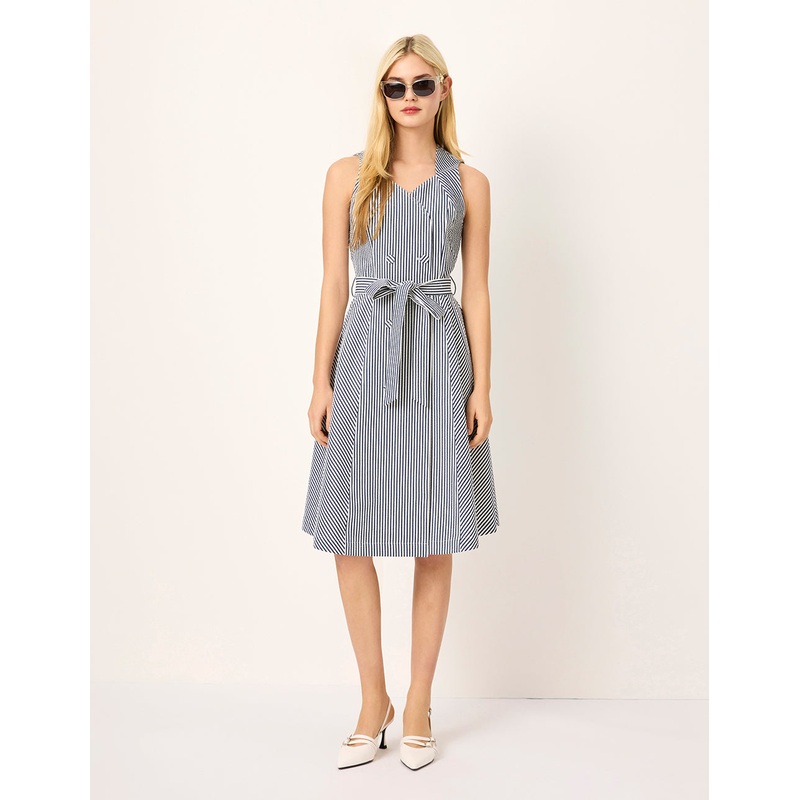 V-Neck Sleeveless Double-Breasted Striped Belted Wrap Dress
