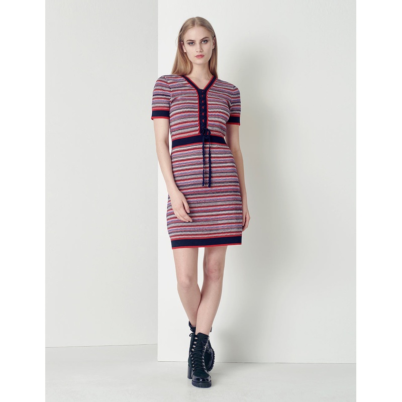 V-neck slim-fit short-sleeved striped dress