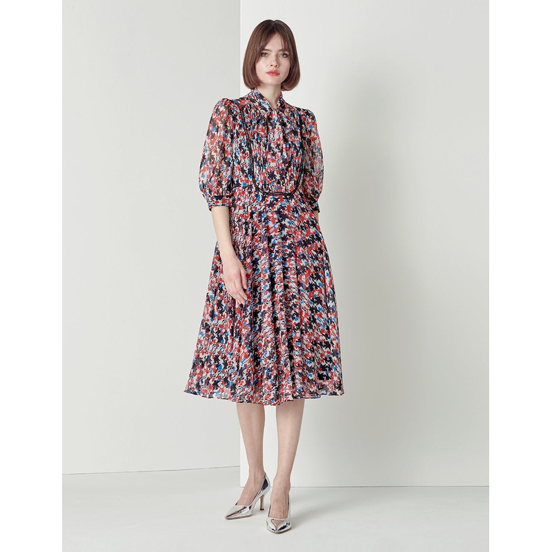 V-Neck Tie Puffed Sleeves Print Dress