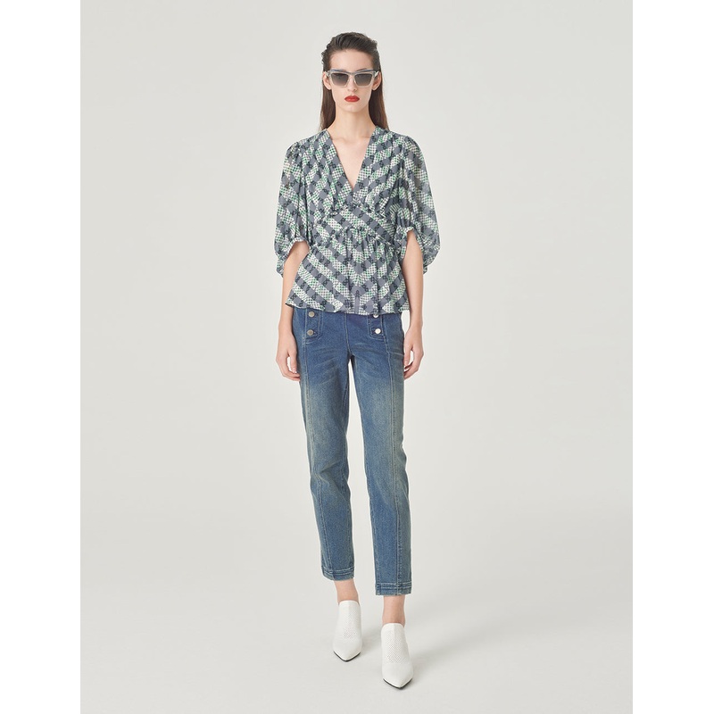 Black And Grey Striped V-Neck Top