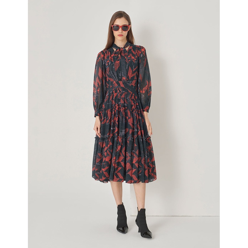 Black And Red Geometric Shirt Collar Print Dress