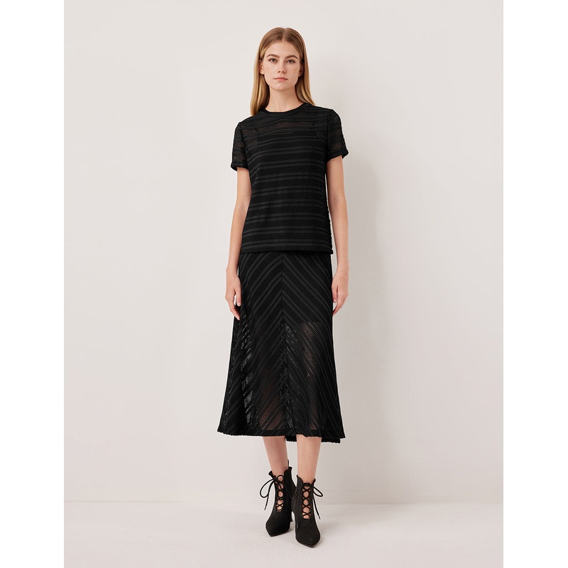 Black Diagonal Texture Sheer Pleated Knit Knee-Length Skirt