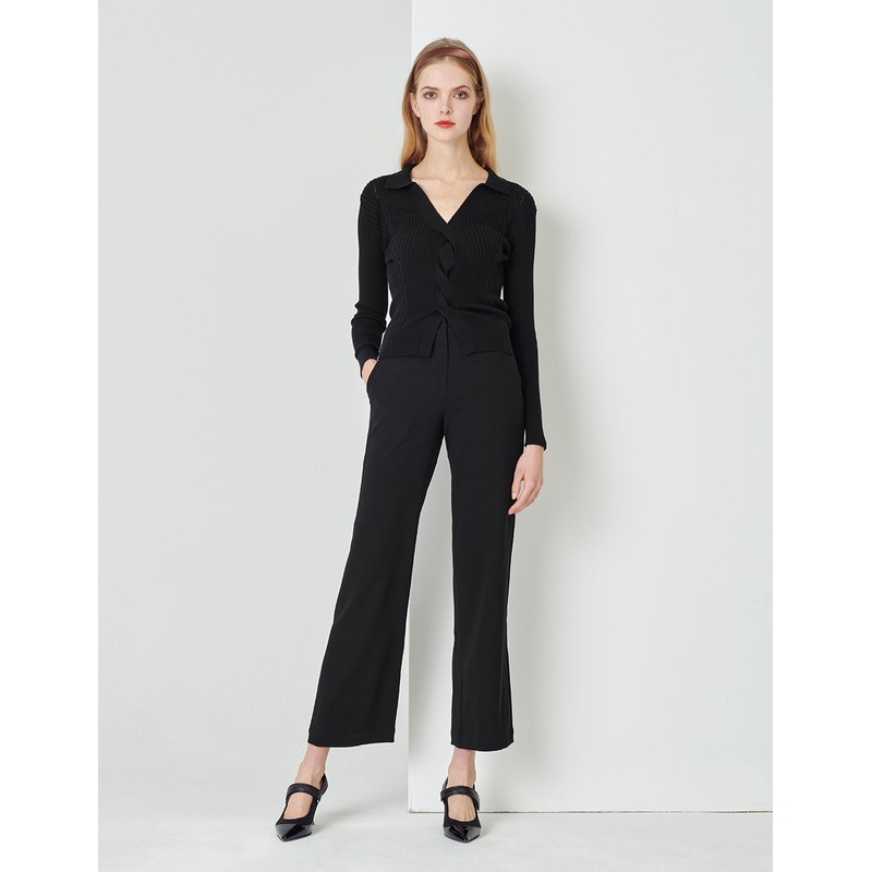 Black V-Neck Slim Fit Buttons Wool Knitted Pullover