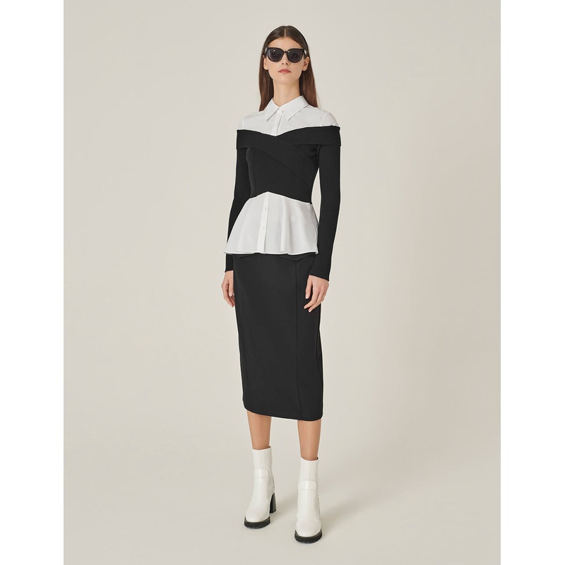 Black & White Contrast Patchwork Knitted Long-Sleeved Blouse