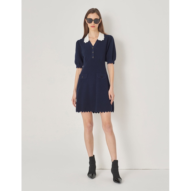 Blue And White Paneled Wavy Trim Wool Dress