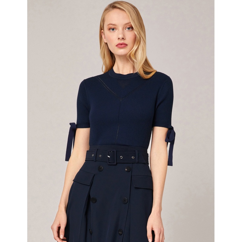 BOW-DETAIL CREW-NECK POINTELLE SWEATER