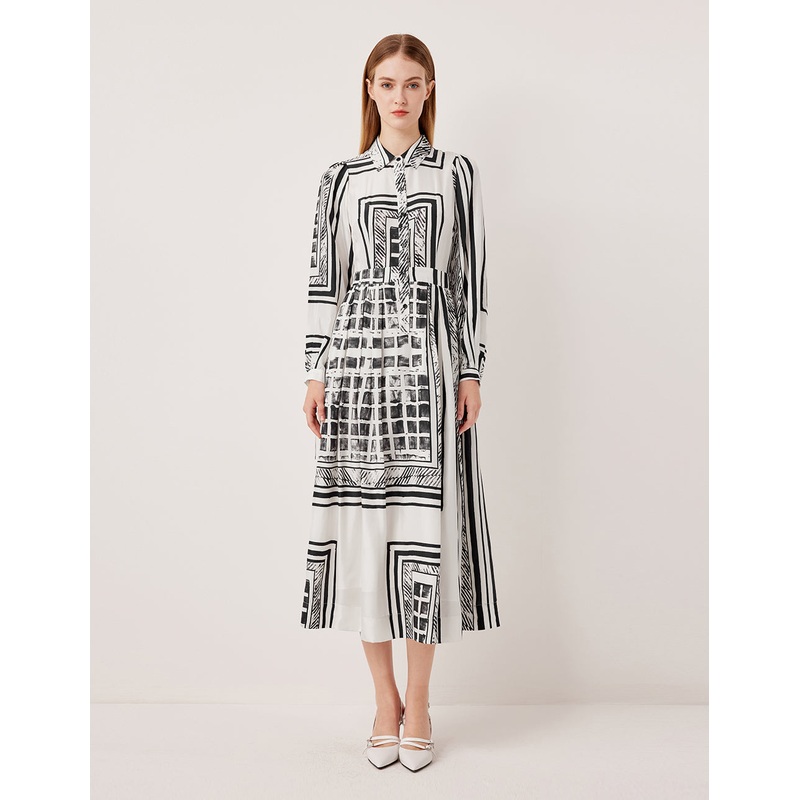 Bubble Long Sleeve Black & White Printed Midi Shirt Dress