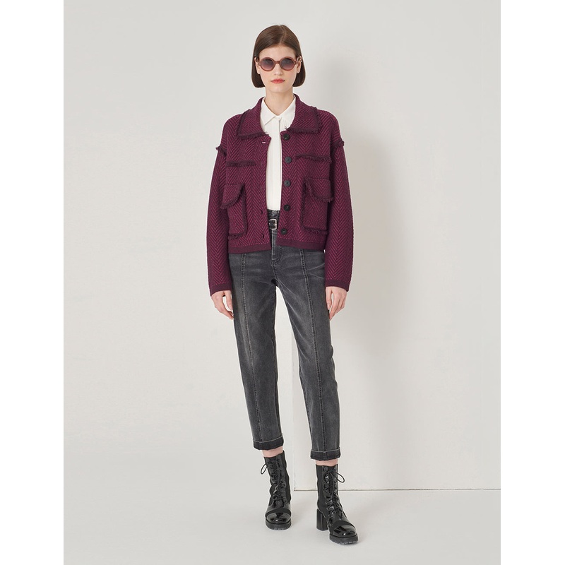 Burgundy Herringbone Knitted Cardigan