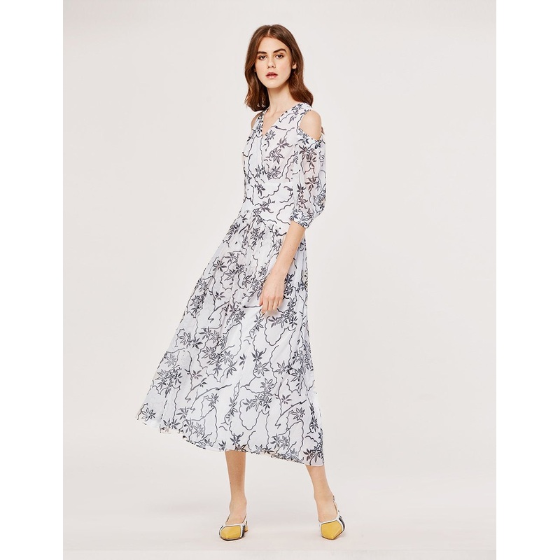 Chiffon Toile Floral Pattern Off Shoulder A-Line Maxi Dress
